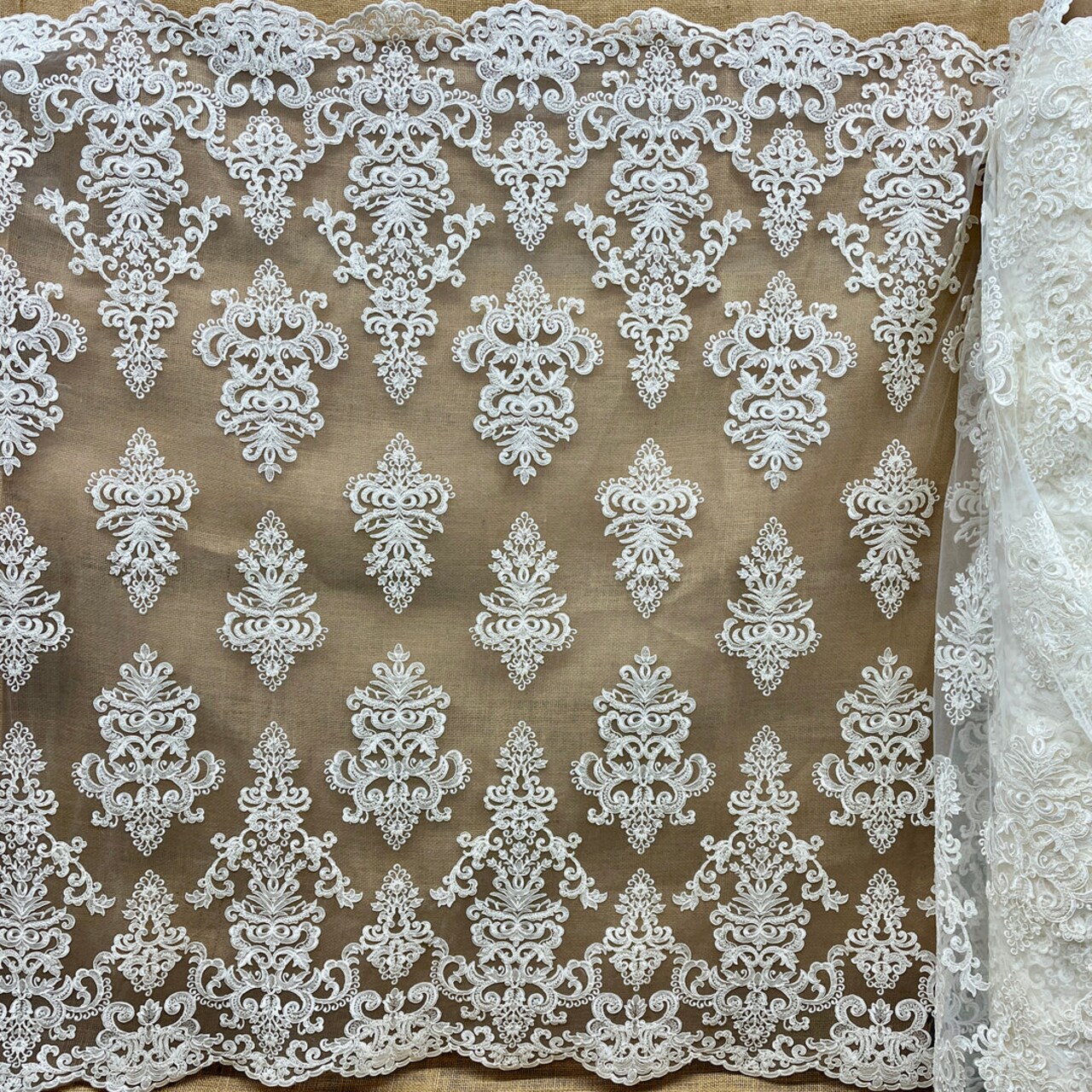 1 Yard Beaded & Corded Embroidered Bridal Lace Fabric, 52” Wide Polyester Mesh Net